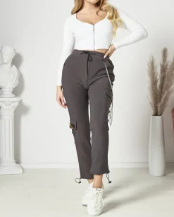 Royalfashion Ciemnoszare damskie spodnie typu bojówki z łańcuszkiem