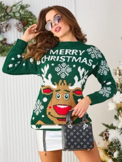 Royalfashion Ciemnozielony damski świąteczny sweter z reniferem