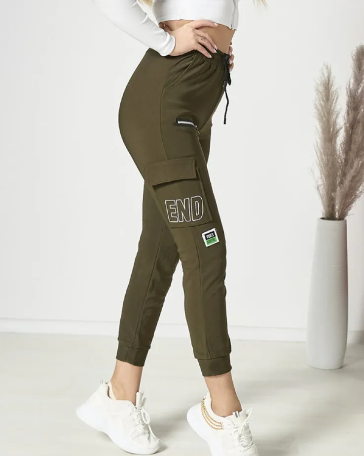 Royalfashion Ciemnozielone damskie spodnie typu bojówki z napisem