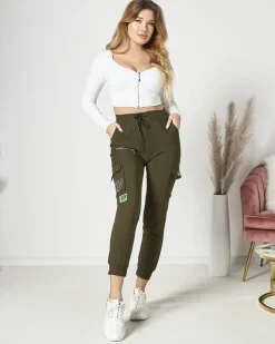 Royalfashion Ciemnozielone damskie spodnie typu bojówki z napisem