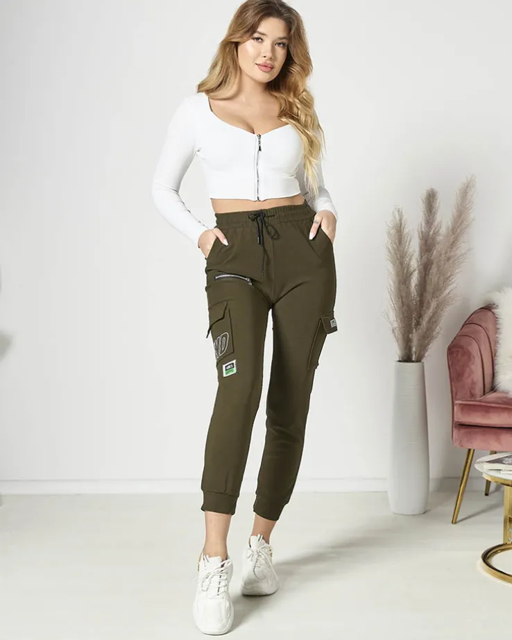 Royalfashion Ciemnozielone damskie spodnie typu bojówki z napisem