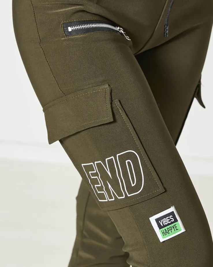 Royalfashion Ciemnozielone damskie spodnie typu bojówki z napisem