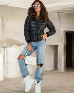 Royalfashion Czana damska pikowana kurtka z kapturem