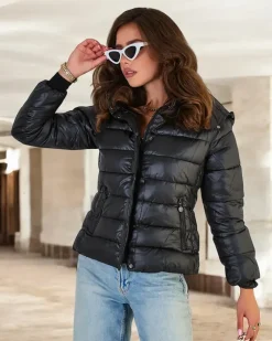 Royalfashion Czana damska pikowana kurtka z kapturem