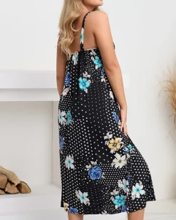 Royalfashion Czarna damska midi sukienka na ramiączkach w groszki