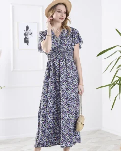 Royalfashion Czarna damska długa sukienka w fioletowe kwiaty