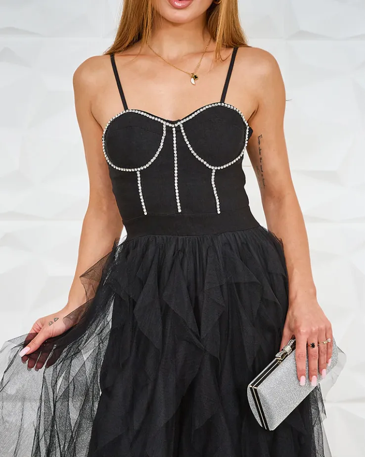 Royalfashion Czarna sukienka damska midi z tiulem i kryształkami