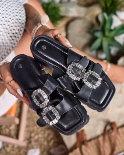 Royalfashion Czarne damskie zdobione klapki na obcasie Tireta