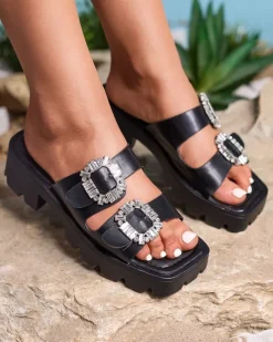 Royalfashion Czarne damskie zdobione klapki na obcasie Tireta