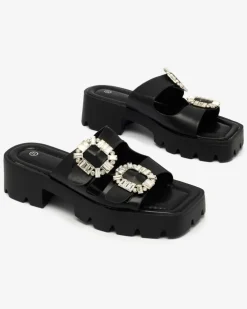 Royalfashion Czarne damskie zdobione klapki na obcasie Tireta