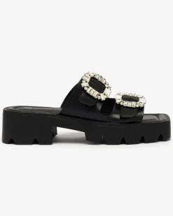 Royalfashion Czarne damskie zdobione klapki na obcasie Tireta