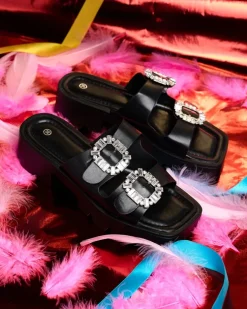 Royalfashion Czarne damskie zdobione klapki na obcasie Tireta