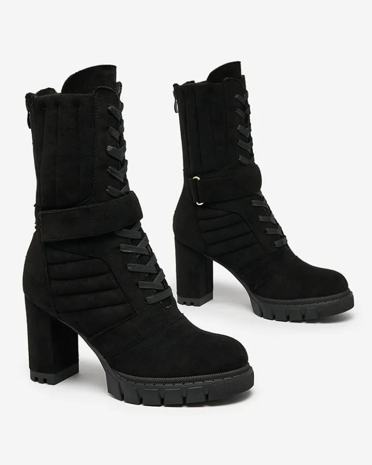 Royalfashion Czarne damskie ocieplane botki na słupku Sehhra