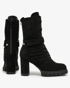 Royalfashion Czarne damskie ocieplane botki na słupku Sehhra