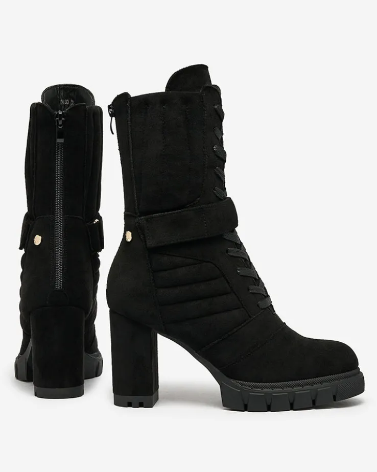 Royalfashion Czarne damskie ocieplane botki na słupku Sehhra