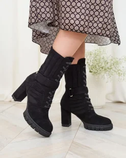 Royalfashion Czarne damskie ocieplane botki na słupku Sehhra