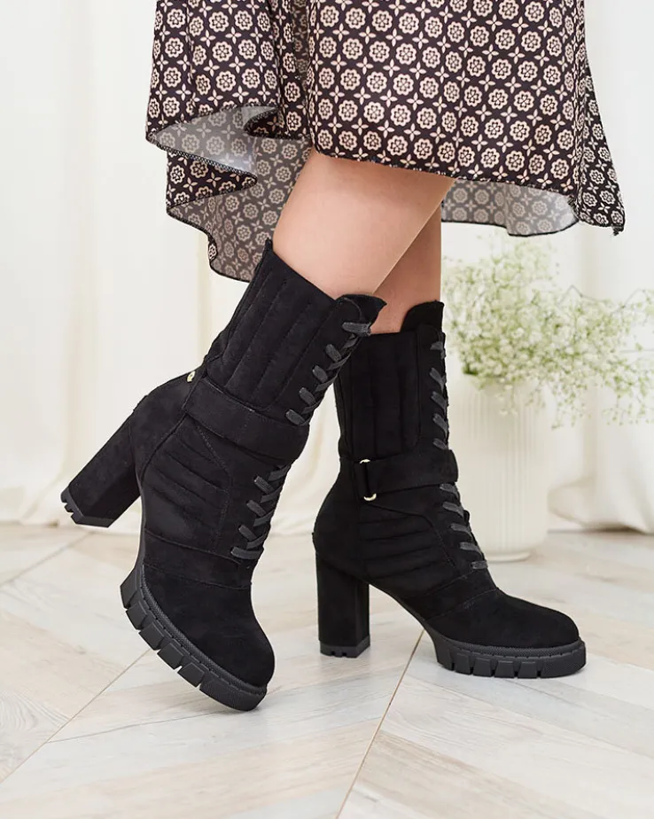 Royalfashion Czarne damskie ocieplane botki na słupku Sehhra