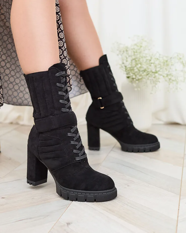 Royalfashion Czarne damskie ocieplane botki na słupku Sehhra
