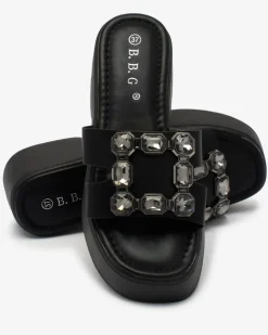 Royalfashion Czarne damskie zdobione klapki na masywnej podeszwie Norixi