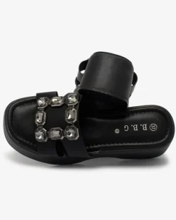 Royalfashion Czarne damskie zdobione klapki na masywnej podeszwie Norixi