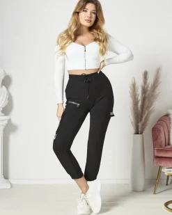 Royalfashion Czarne damskie spodnie typu bojówki z napisem