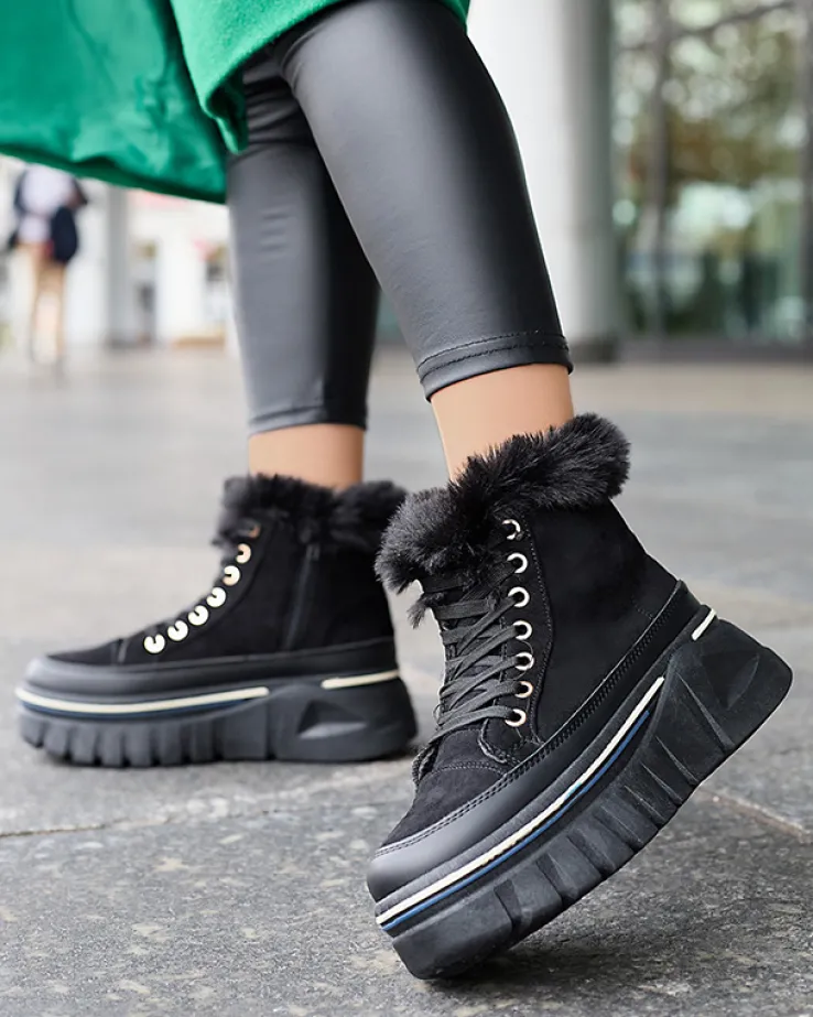 Royalfashion Czarne damskie sznurowane buty a'la śniegowce na platformie Neatesa