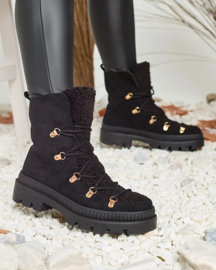 Royalfashion Czarne damskie ocieplane botki typu trapery z kożuszkiem Lery Walk
