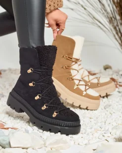 Royalfashion Czarne damskie ocieplane botki typu trapery z kożuszkiem Lery Walk