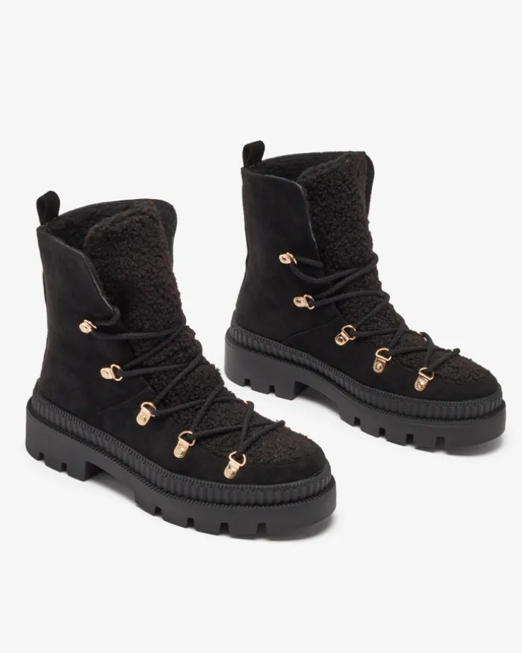Royalfashion Czarne damskie ocieplane botki typu trapery z kożuszkiem Lery Walk