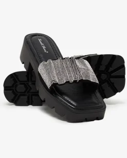 Royalfashion Czarne klapki damskie z cyrkoniami Emkoy