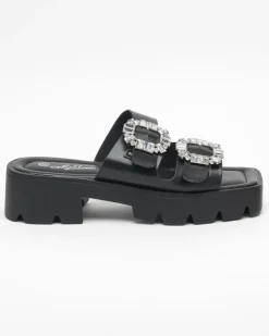 Royalfashion Czarne klapki damskie z ozdobą z cyrkonii Sadoh