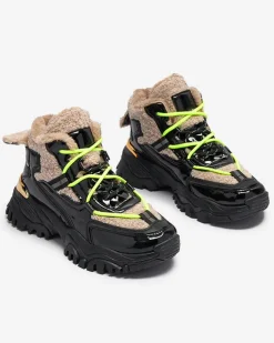 Royalfashion Czarne sportowe buty damskie z futerkiem i neonowymi żółtymi sznurówkami Adbo