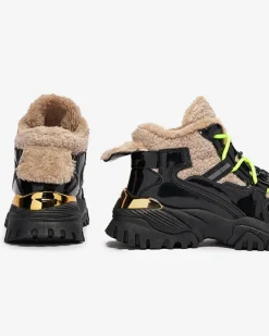 Royalfashion Czarne sportowe buty damskie z futerkiem i neonowymi żółtymi sznurówkami Adbo