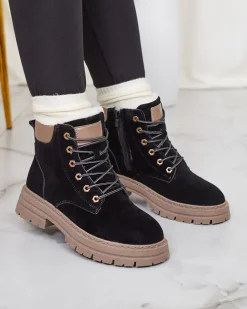 Royalfashion Czarno- brązowe damskie ocieplane botki typu trapery Radoras