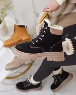 Royalfashion Czarno- brązowe damskie ocieplane botki typu trapery Radoras