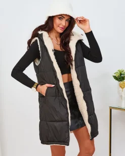 Royalfashion Czarno-kremowa długa dwustronna kamizelka damska