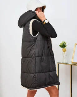 Royalfashion Czarno-kremowa długa dwustronna kamizelka damska