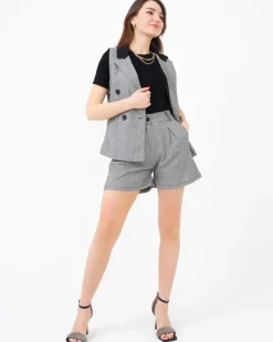 Royalfashion Czarny damski garnitur w białą kratkę