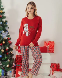 Royalfashion Czerwona damska 2-częściowa piżama ze świątecznym printem