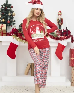 Royalfashion Czerwona damska 2-częściowa piżama z bałwankiem