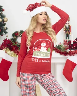 Royalfashion Czerwona damska 2-częściowa piżama z bałwankiem