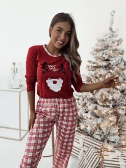 Royalfashion Czerwona świąteczna damska 2-częściowa piżama