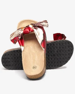 Royalfashion Czerwone damskie klapki z tkaninową wstążką Laneso