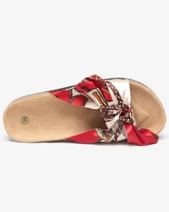 Royalfashion Czerwone damskie klapki z tkaninową wstążką Laneso