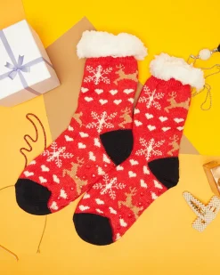 Royalfashion Czerwone damskie skarpetki ze świątecznym wzorem