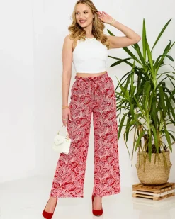 Royalfashion Czerwone damskie spodnie materiałowe z printem