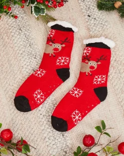 Royalfashion Czerwone damskie skarpetki ze świątecznym wzorem