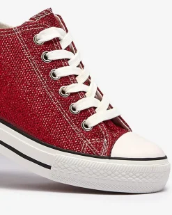 Royalfashion Czerwone damskie trampki na krytym koturnie z błyszczącą nicią Seggat