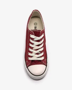 Royalfashion Czerwone damskie trampki na krytym koturnie z błyszczącą nicią Seggat