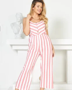 Royalfashion Czerwono- biały długi kombinezon damski w paski